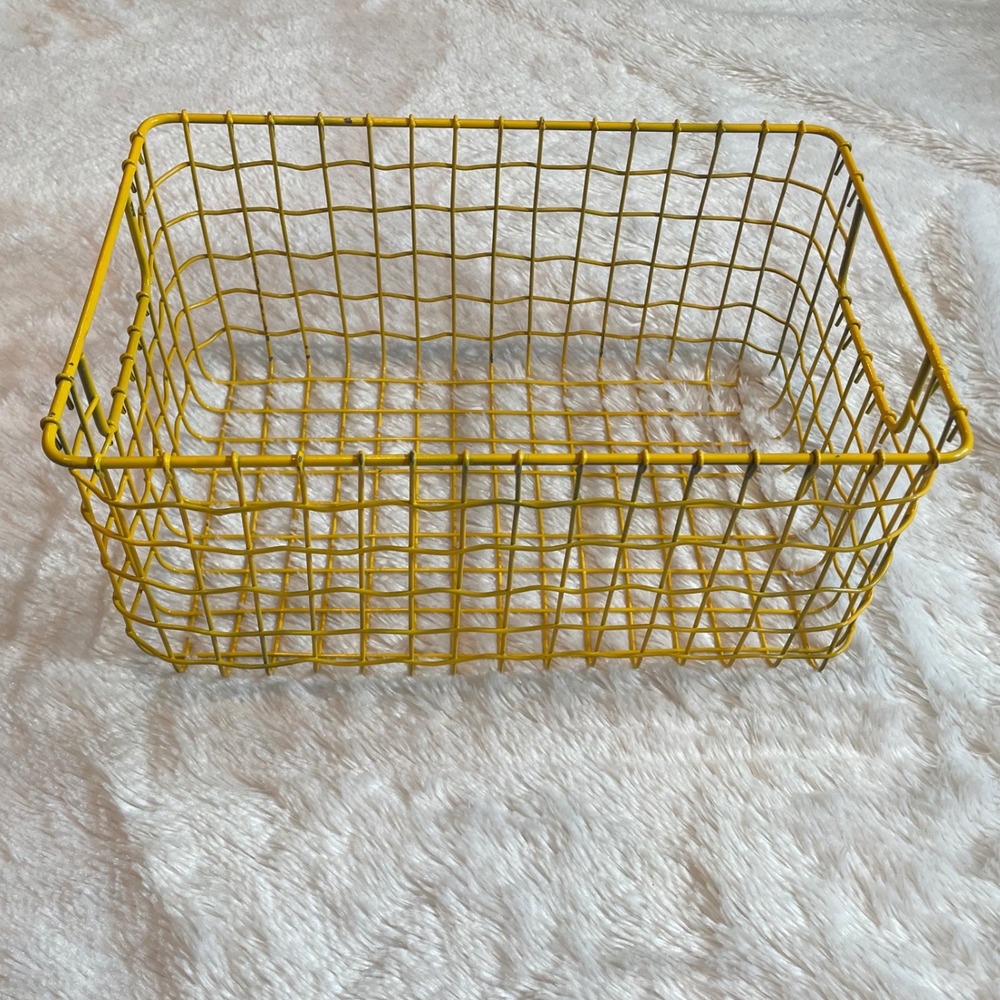 Yellow Metal Wire Storage Basket Industrial Grid Bin with Handles Pantry Storage